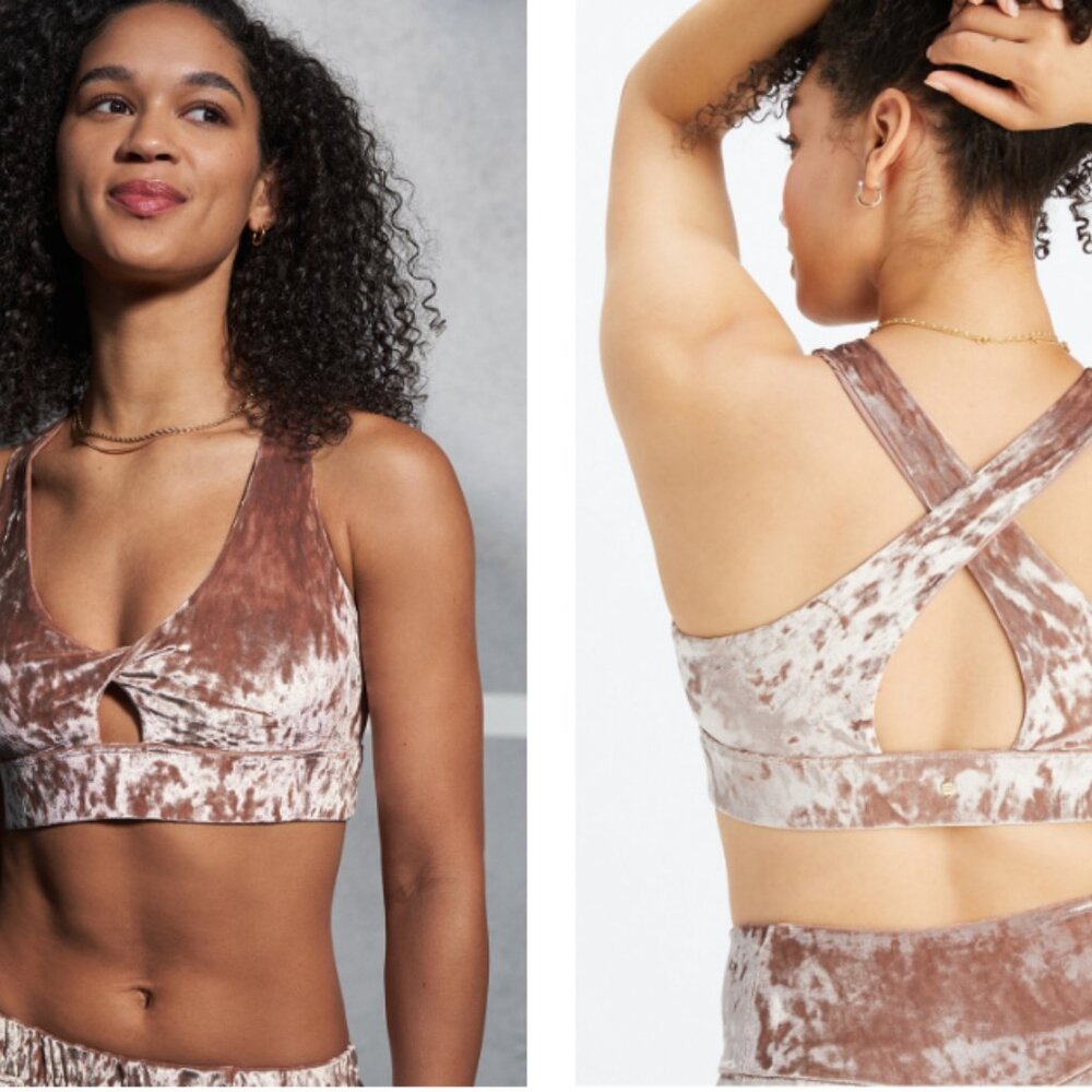 NWT Fabletics Oasis Crushed Velour Twist Front Sports Bra - Large - Teddy